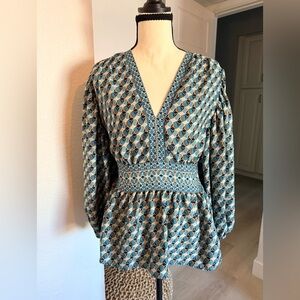 Max Studio Blue and Tan Geometric Blouse